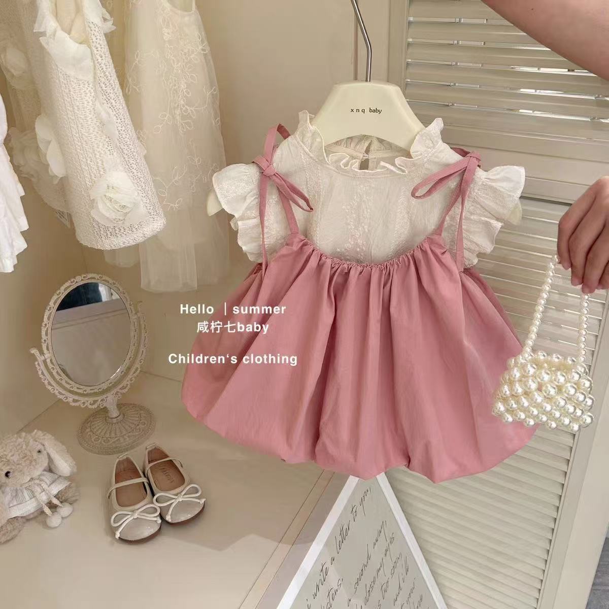 Baby Clothing Korea - 아기 소녀 서스펜더 드레스 세트 어린이